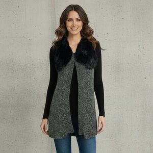 Sophyline 100% Angora Genuine Fur Embellished Brooch Grey and Black Sweater Vest